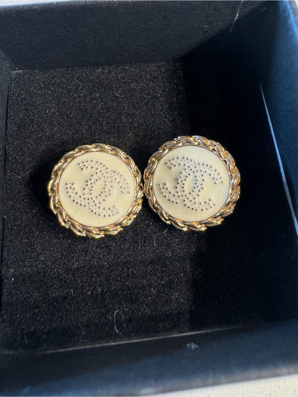 Chanel Authentic Buttons Gold and White Logo Earrings